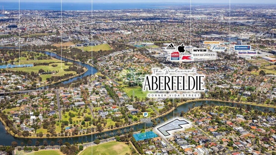 Aerial view of commercial real estate development site at Vida Street, Aberfeldie, with proximity to Highpoint Shopping Centre and Maribyrnong River